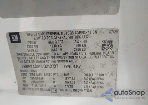 2020 Buick Envision Fwd 1Sv z USA, uszkodzony, nr VIN LRBFXASA6LD212737